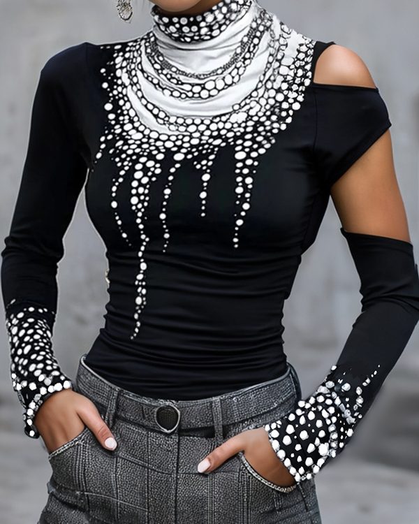 Long Sleeves Skinny Hollow Printed High Neck T-Shirts Tops