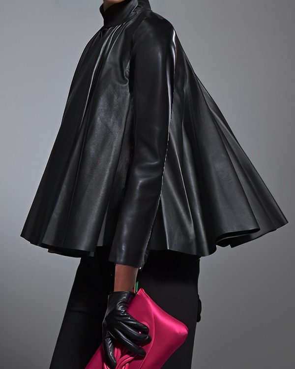 A-line Long Sleeves Big Hemline Solid Color Stand Collar Leather Top