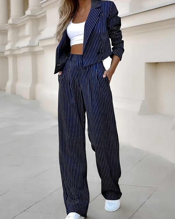 Loose Split-Joint Striped Lapel Jacket Outer + Straight Leg Pleated Suit Pants Two Pieces Set
