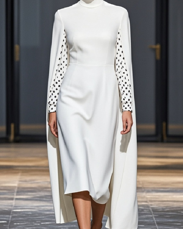 Capelet Long Sleeves Polka-Dot Split-Joint Mock Neck Midi Dresses