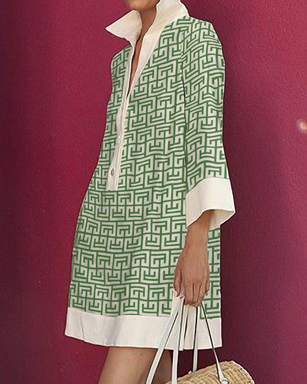 Long Sleeves Three-Quarter Sleeves Buttoned Printed Lapel Mini Dresses Shirt Dress