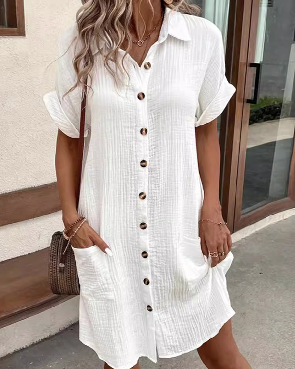 Loose Short Sleeves Buttoned Pockets Lapel Mini Dresses