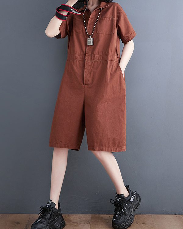 Simple Solid Color Lapel Short Sleeve Jumpsuits