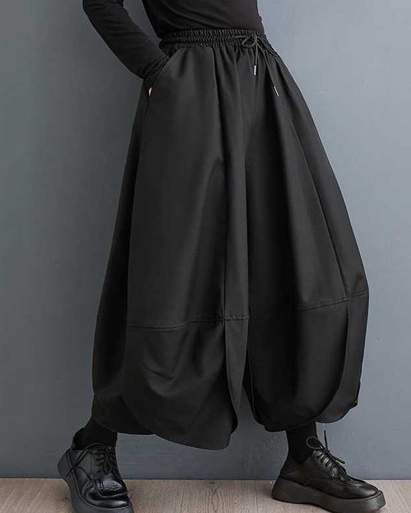 High Waisted Loose Drawstring Pleated Solid Color Pants Trousers