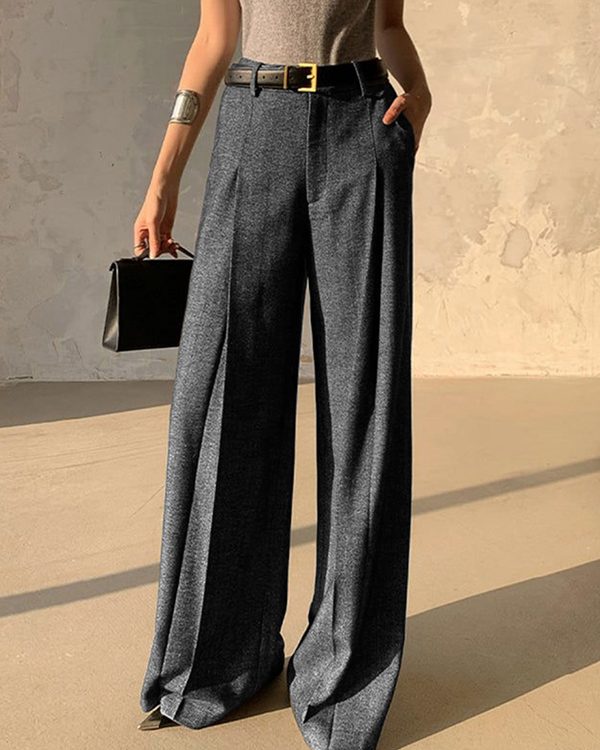 Loose Belted Solid Color Zipper Suit Pants Trousers