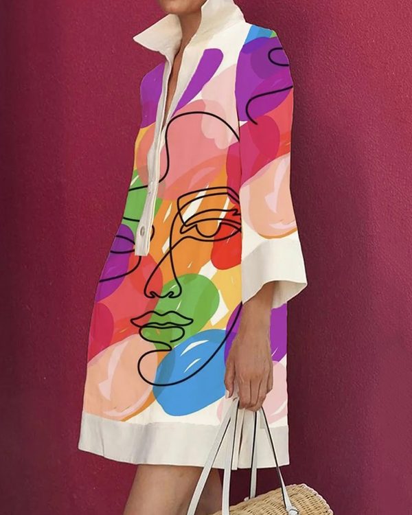Loose Three-Quarter Sleeves Buttoned Contrast Color Figure Printed Lapel Collar Mini Dresses