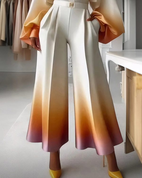 High Waisted Loose Gradient Pleated Split-Joint Pants Trousers