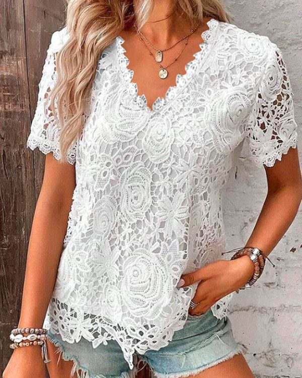Loose Plus Size Embroidered Hollow Solid Color Split-Joint V-Neck T-Shirts Tops