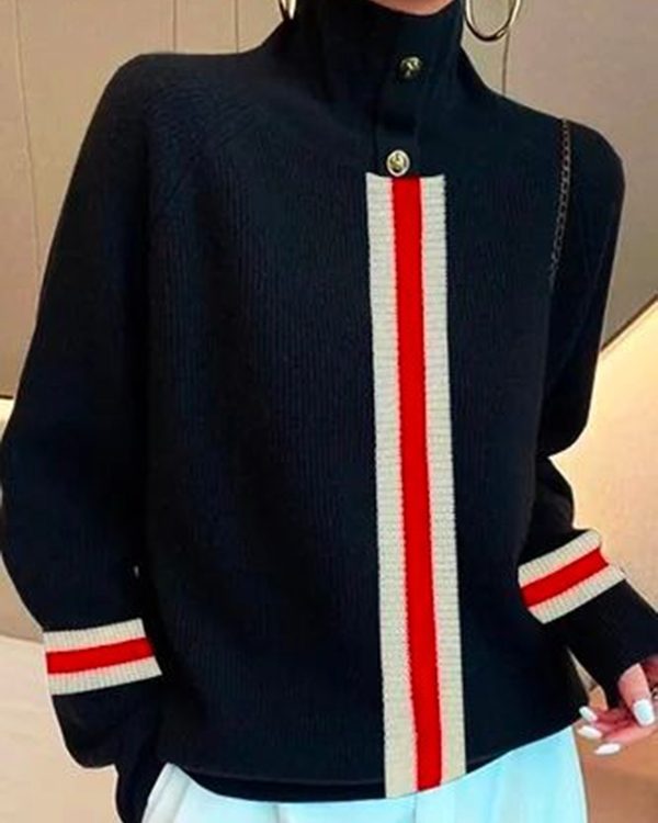 Long Sleeves Loose Split-Joint Striped High Neck Sweater Tops