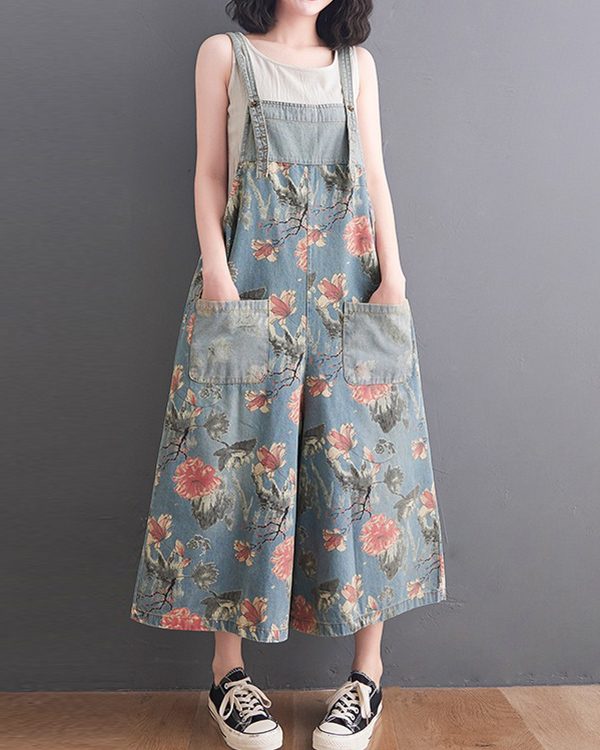 Oversize Wide Leg Floral Printed Split-Joint Overalls
