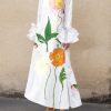A-Line Flared Sleeves Floral Printed Split-Joint Split-Side Lapel Collar Maxi Dresses Shirt Dress