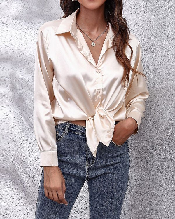 Long Sleeves Loose Solid Color Lapel Blouses