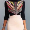 Long Sleeves Skinny Contrast Color Printed High Neck T-Shirts Tops