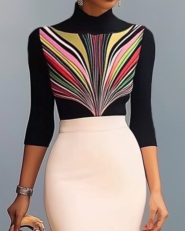 Long Sleeves Skinny Contrast Color Printed High Neck T-Shirts Tops