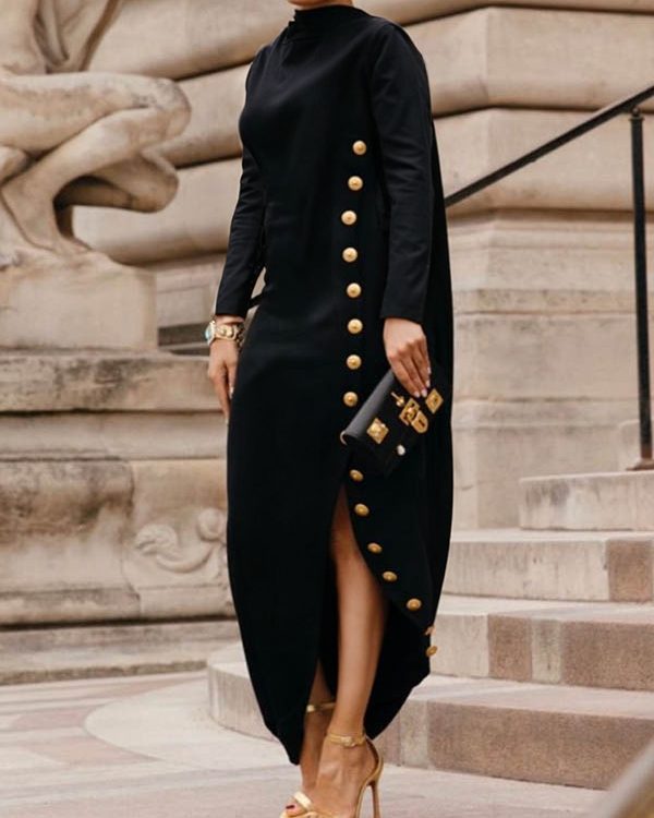 Long Sleeves Loose Asymmetric Buttoned Split-Joint Split-Side Mock Neck Maxi Dresses