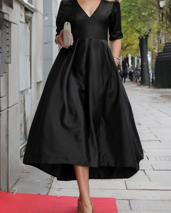 A-Line Long Sleeves Pleated Pockets Solid Color Zipper V-Neck Midi Dresses