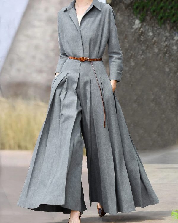 Long Sleeves Wide Leg Pleated Lapel Jumpsuits