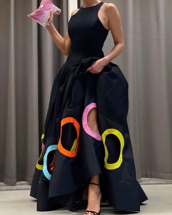 Sleeveless Hollow Pleated Split-Joint Round-neck Maxi Dresses