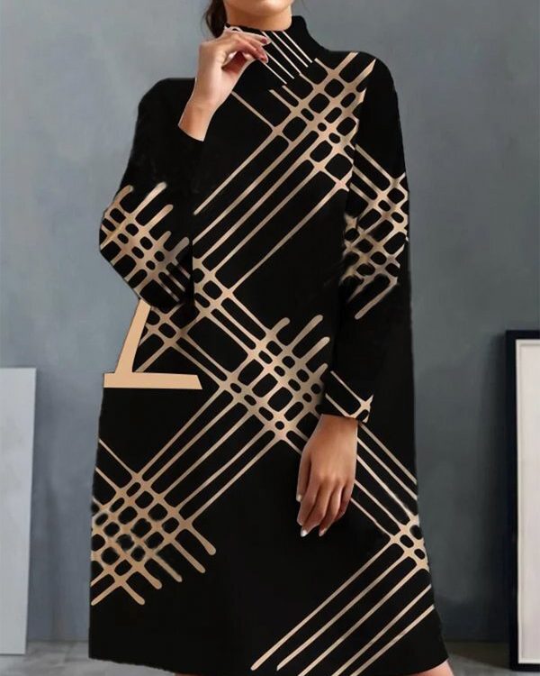 A-Line Long Sleeves Pockets Printed High Neck Mini Dresses