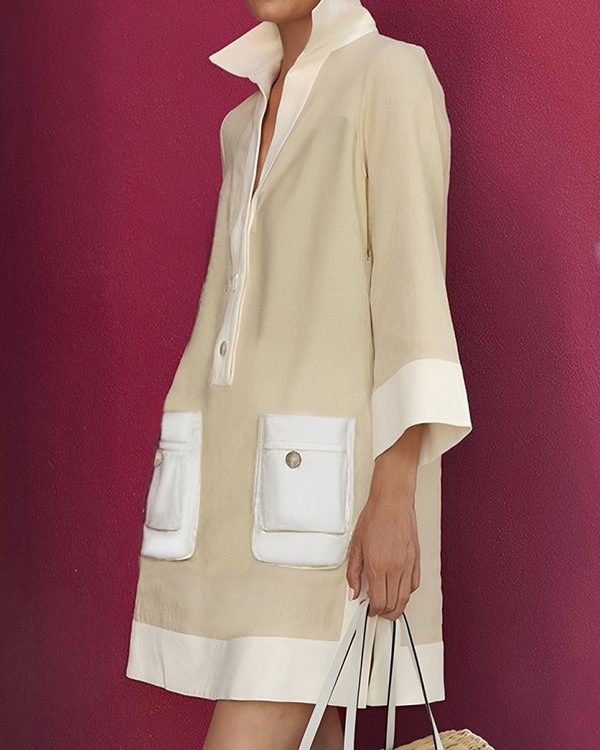 A-Line Loose Buttoned Contrast Color Pockets Stand Collar Mini Dresses