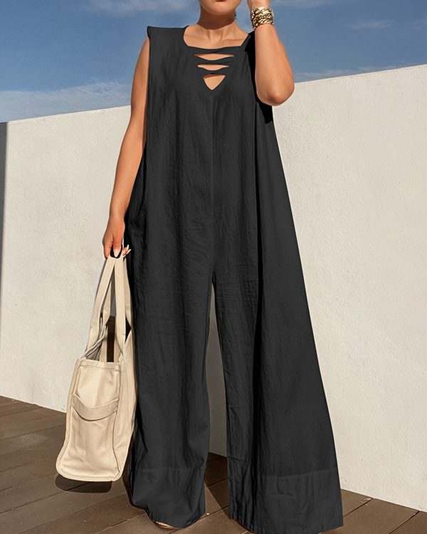 Loose Sleeveless Hollow Solid Color V-Neck Jumpsuits