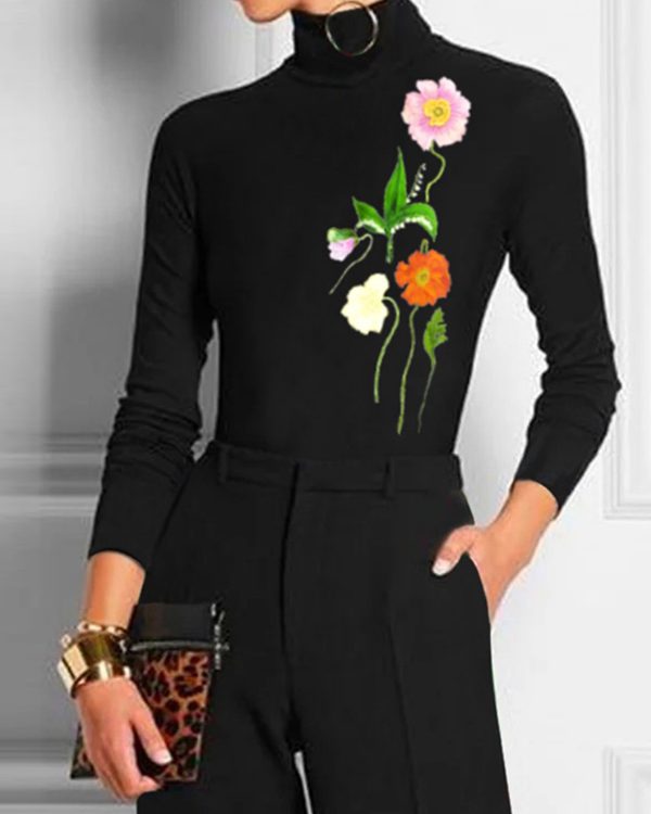 Long Sleeves Skinny Flower Print Printed Split-Joint High Neck T-Shirts Tops