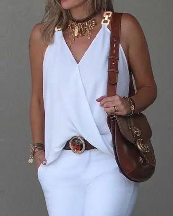 Sleeveless Solid Color Split-Joint V-Neck Vest Top
