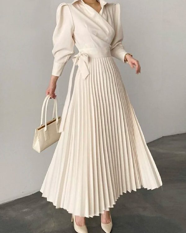 Office Pleated Asymmetric Solid Color Lapel Maxi Dresses