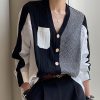 Original Loose Irregular Split-Joint Buttoned V-Neck Long Sleeves Sweater Blouse
