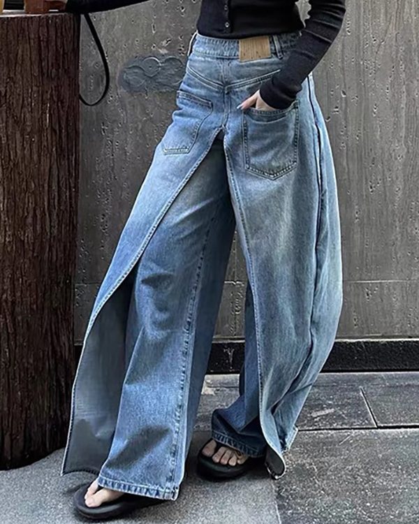 False Two Wide Leg Pockets Reversible Jean Pants Bottoms