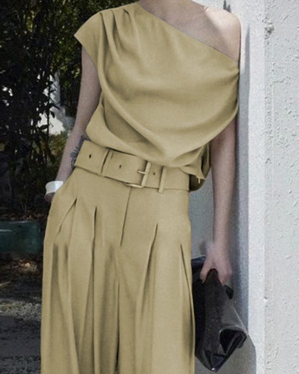 Loose Short Sleeves Solid Color One-Shoulder T-Shirts Tops