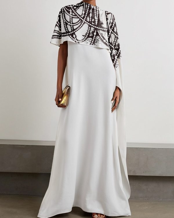 A-Line Capelet Contrast Color Printed Mock Neck Maxi Dresses