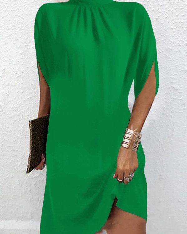 Loose Raglan Sleeve Solid Color Mock Neck Mini Dresses