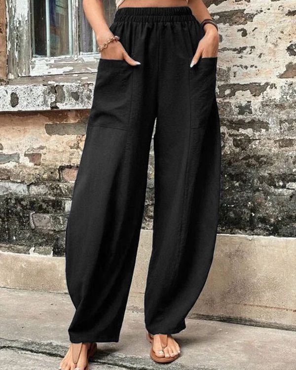 Loose Plus Size Elasticity Pockets Solid Color Pants