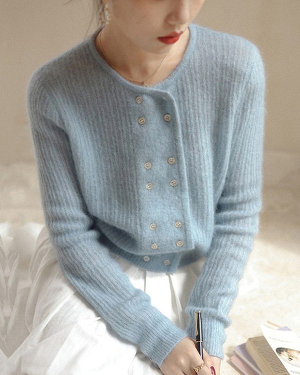Urban Long Sleeves Buttoned Solid Color Round-Neck Cardigan Tops
