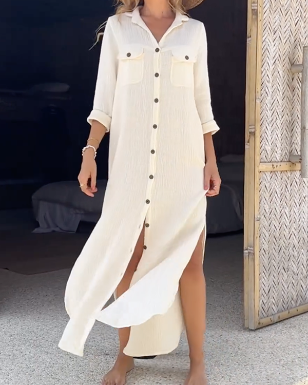 Long Sleeves Loose Buttoned Pockets Split-Side Lapel Maxi Dresses Shirt Dress