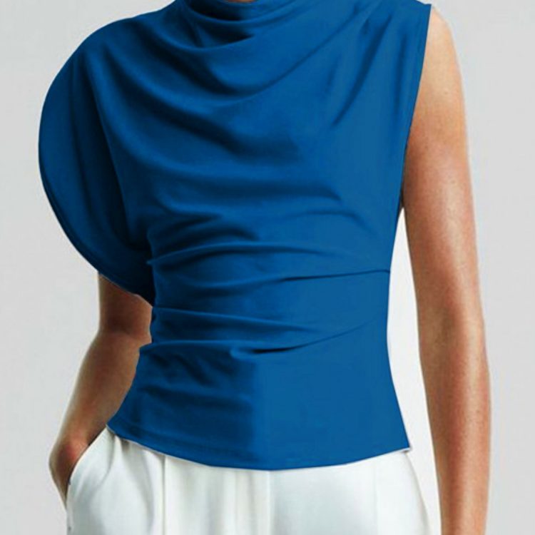 Irregularity Sleeveless Asymmetric Pleated Solid Color Round-neck Vest Top