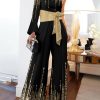 Long Sleeves Loose Printed Shiny Tied Waist One-Shoulder Jumpsuits Bottoms
