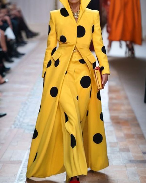 Long Sleeves Loose Polka-Dot Split-Joint Lapel Woolen Coat
