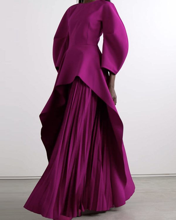 Long Sleeves Loose Pleated Solid Color Split-Joint Tiered Round-Neck Maxi Dresses