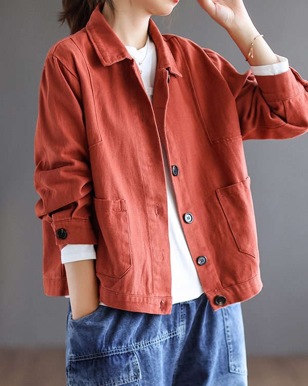 Vintage Loose Long Sleeves Buttoned Solid Color Lapel Collar Outerwear