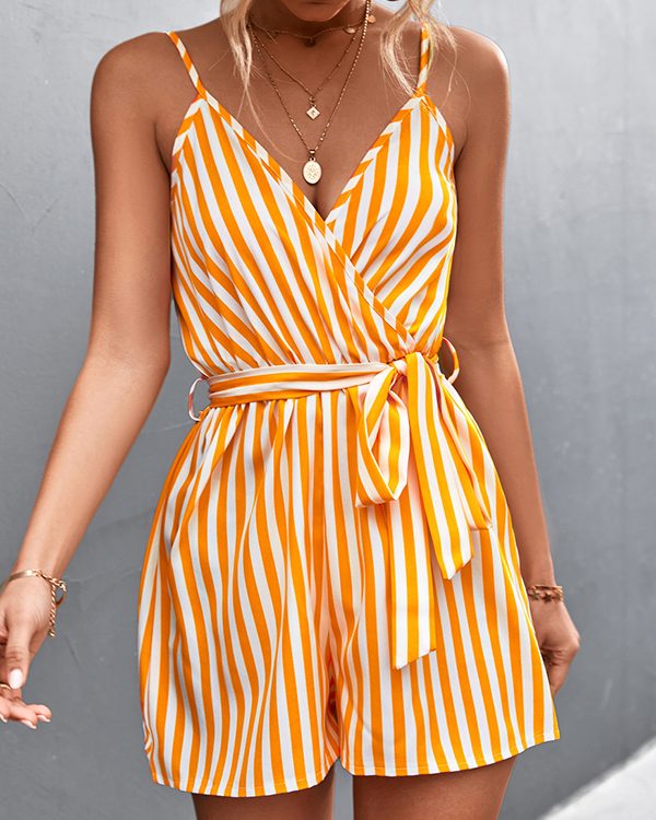 Loose Sleeveless Contrast Color Striped Tied Waist Spaghetti-Neck Rompers