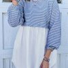 High Waisted Long Sleeves Split-Joint Striped Round-Neck Mini Dresses
