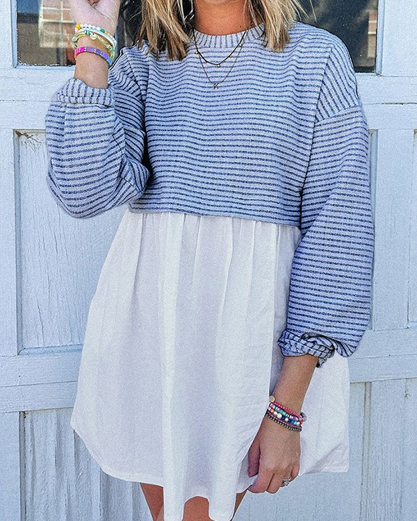 High Waisted Long Sleeves Split-Joint Striped Round-Neck Mini Dresses