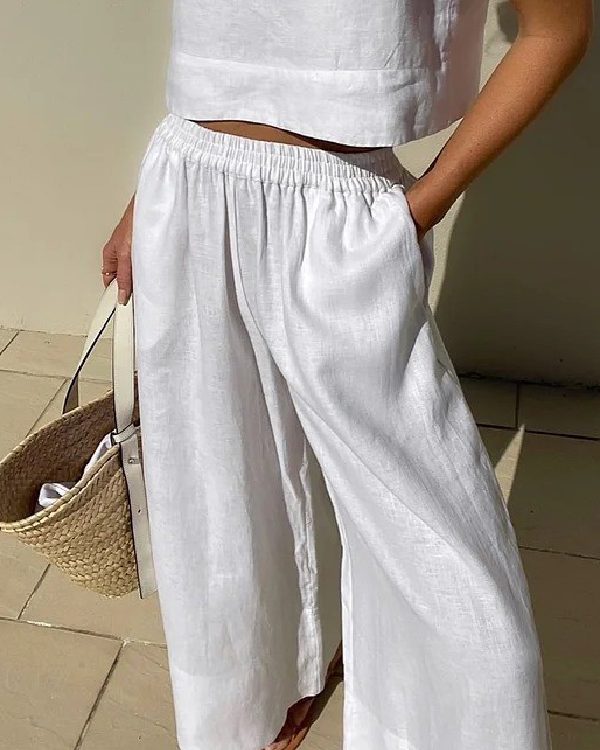 Loose Wide Leg Elasticity Pockets Solid Color Pants Trousers