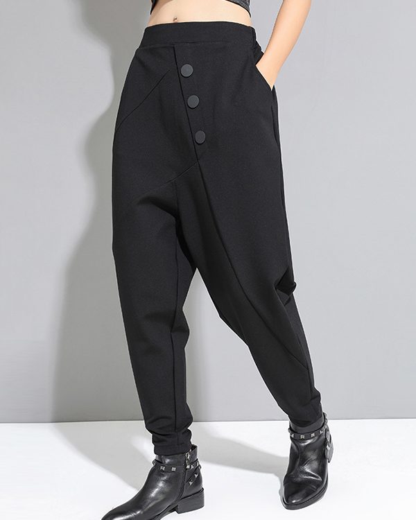 Personality Black With Button High-Waist Harem Pants