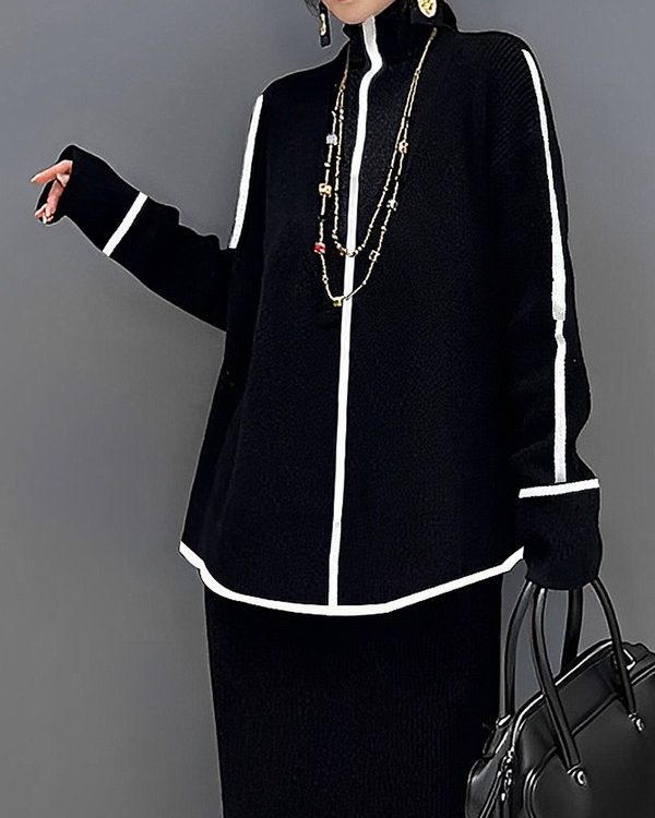 Long Sleeves Loose Contrast Color High Neck Sweater Tops