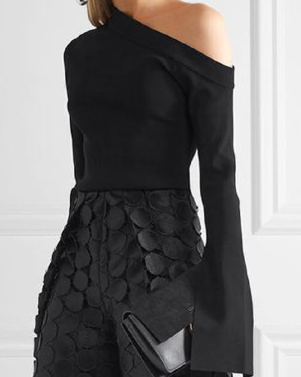 Long Sleeves Skinny Asymmetric Solid Color One-Shoulder T-Shirts Tops