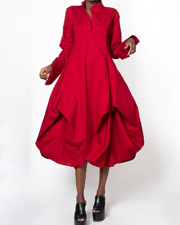 Stylish Loose Stand-Collar Long Sleeves Midi Dress