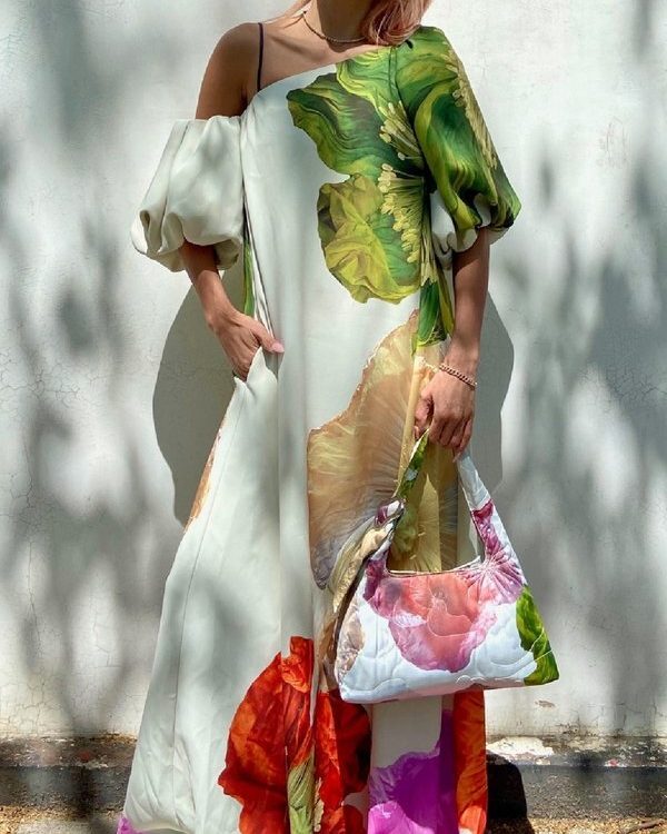 A-Line Loose Elasticity Flower Print One-Shoulder Maxi Dresses